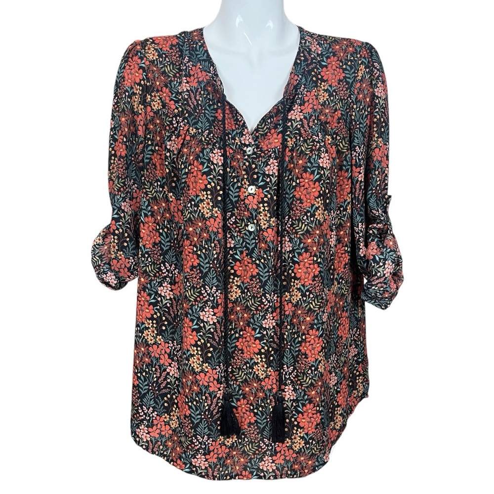 DR2 Daniel Rainn Floral Print Tassel Tie Neck High Low Blouse Size Large - Picture 2 of 9
